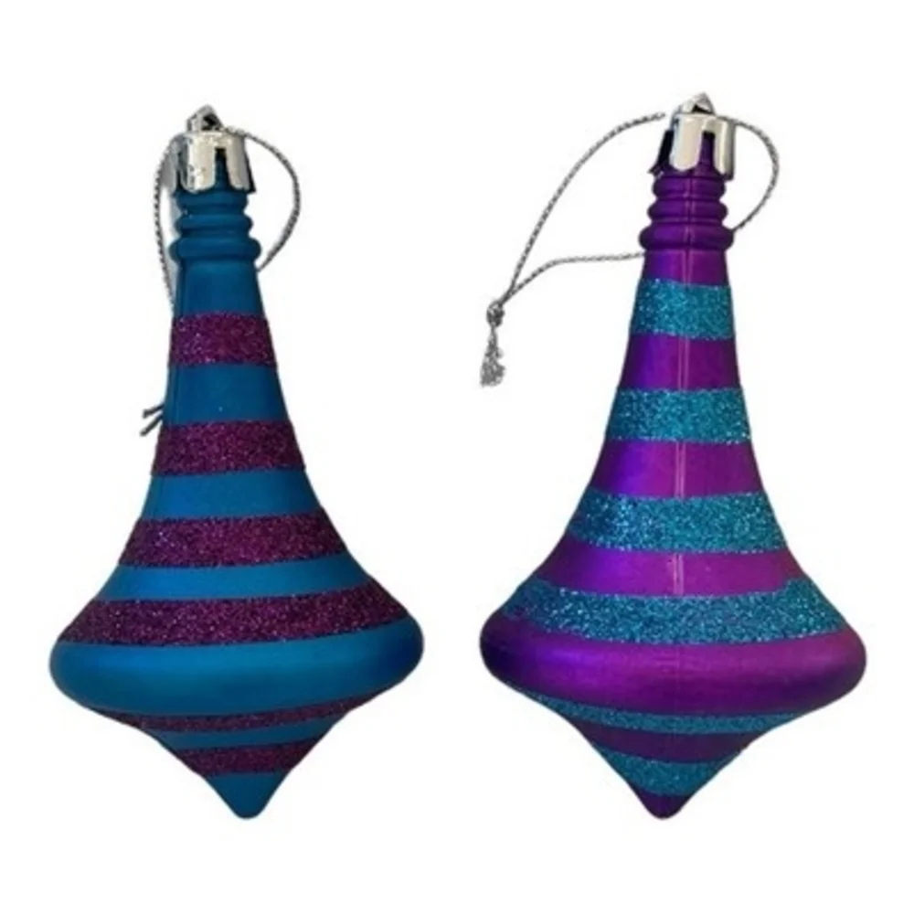 Pair Vintage Striped Sparkling Teardrop Ornaments Christmas Holiday Decor